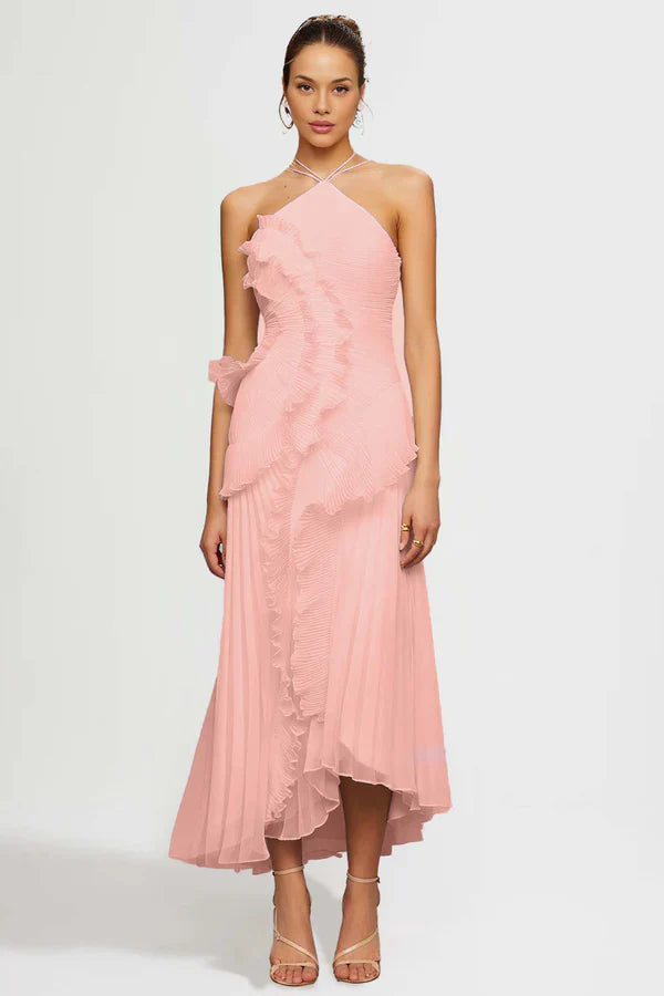 Fırfır Detaylı Pileli Halter Midi Elbise