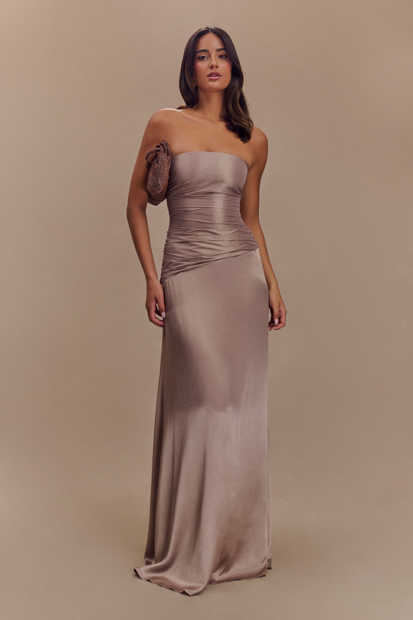 ROF Serena Straplez Tafta Maxi Elbise - Bronz Taupe