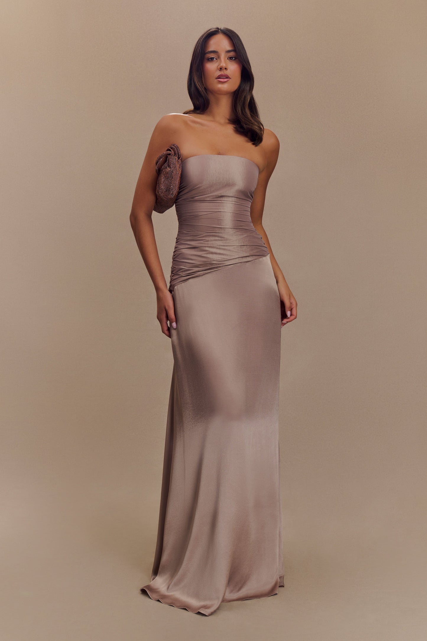 ROF Serena Straplez Tafta Maxi Elbise - Bronz Taupe