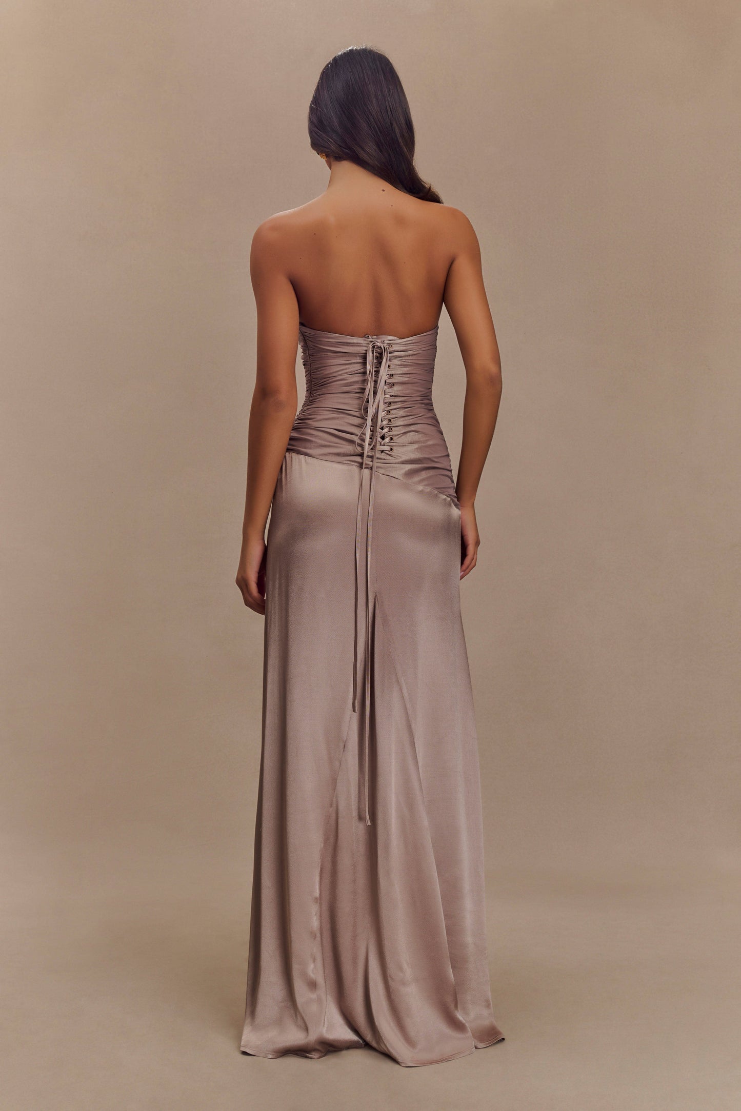 ROF Serena Straplez Tafta Maxi Elbise - Bronz Taupe
