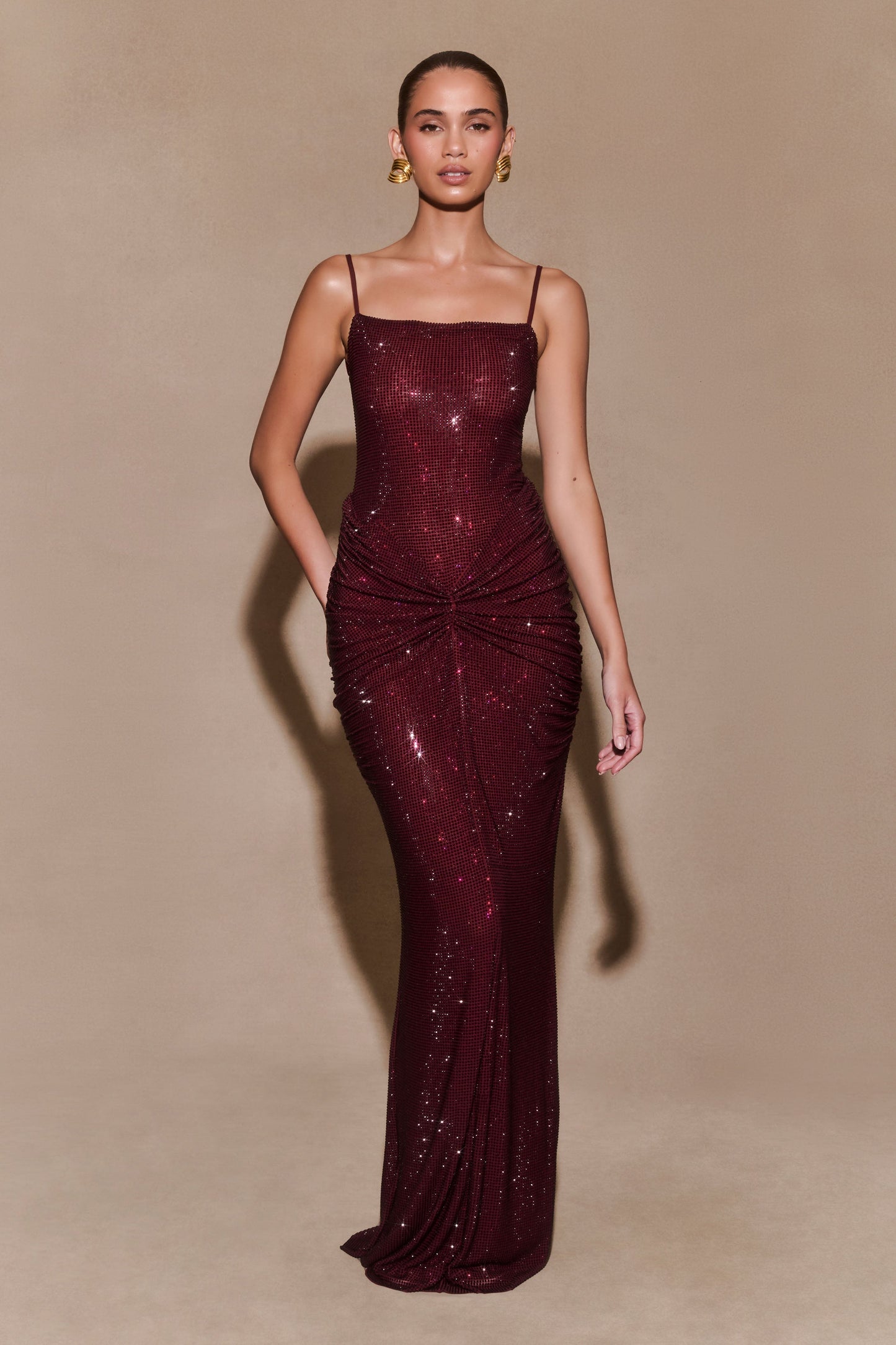 ROF Roisin Diamante Saten Maxi Elbise - Maun