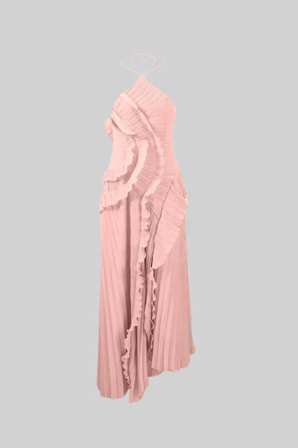Fırfır Detaylı Pileli Halter Midi Elbise