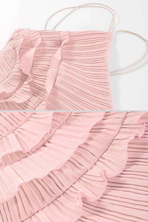 Fırfır Detaylı Pileli Halter Midi Elbise