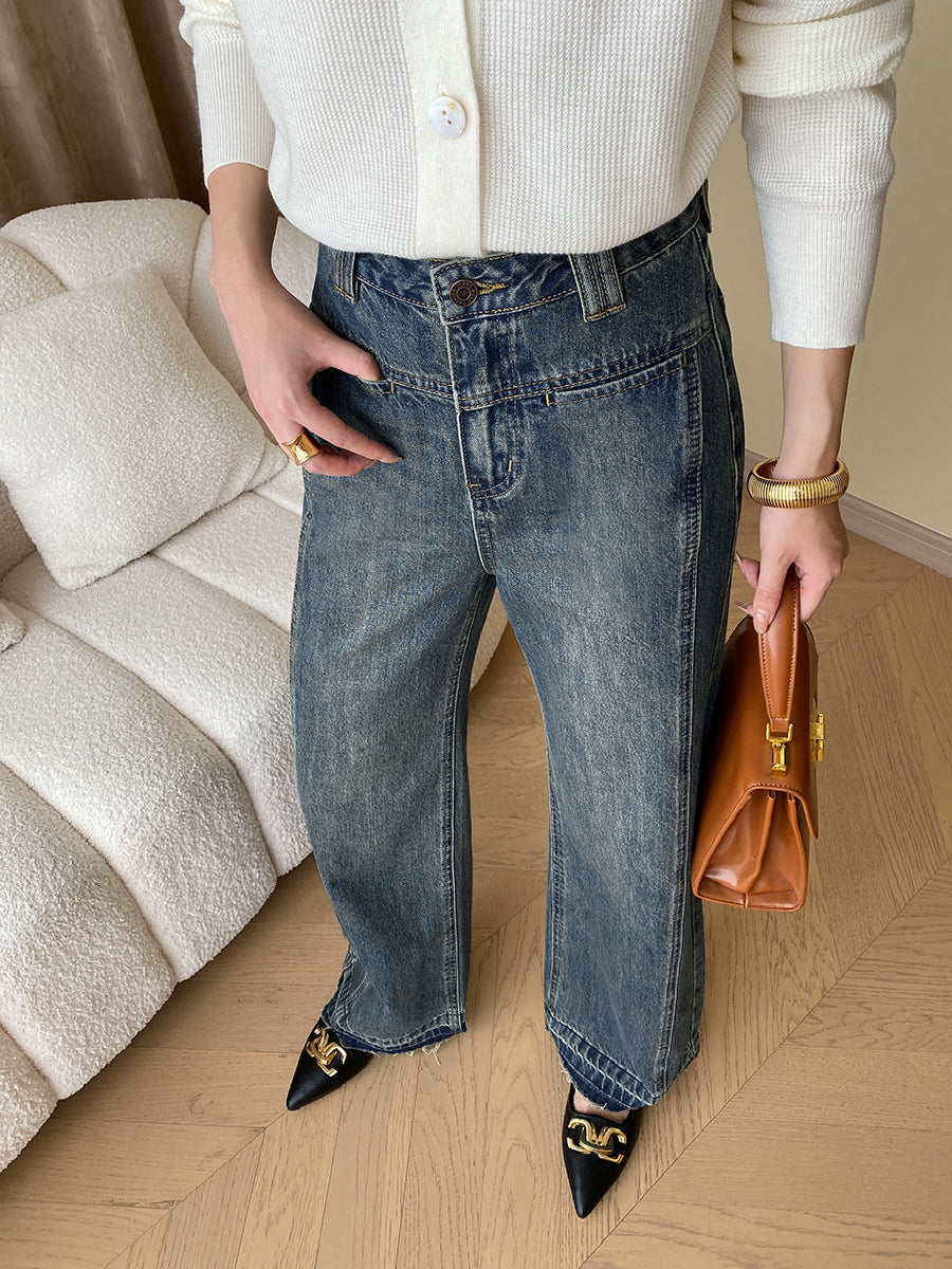 Vintage Denim Düğmeli Geniş Paça Kot Shine Aura