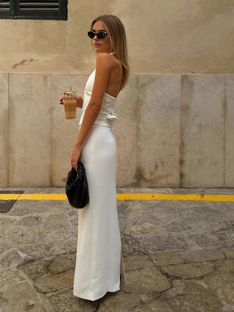 Plain V Neck Open Back Tie Halter and Split Maxi Skirt Set