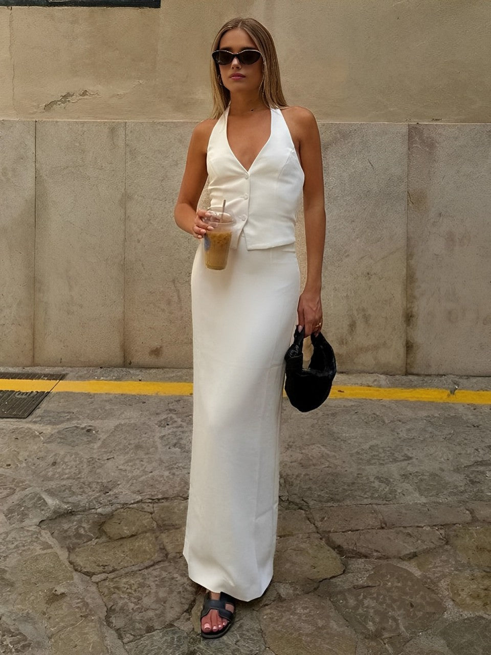 Plain V Neck Open Back Tie Halter and Split Maxi Skirt Set