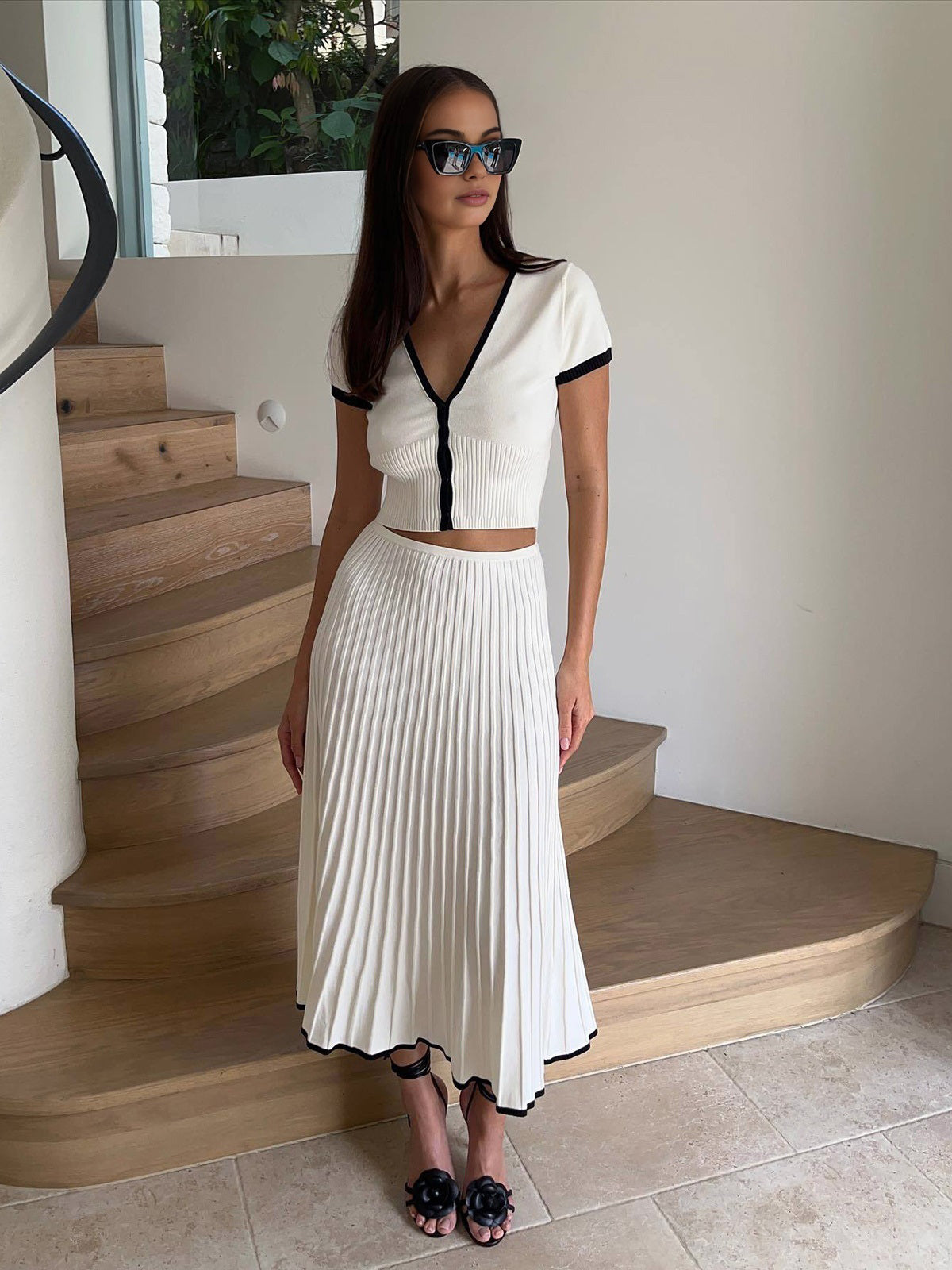 Minimalism Contrast Detailed Knitwear Skirt Set
