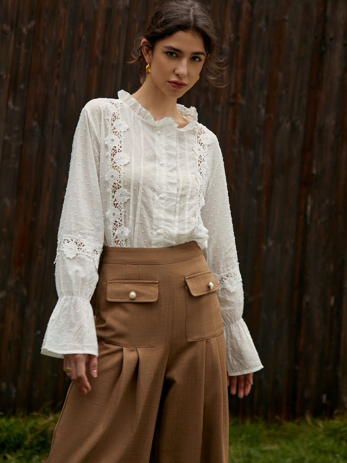 Frenchy Swiss Dot Lace Trim Flare Sleeve Shirt Shine Aura