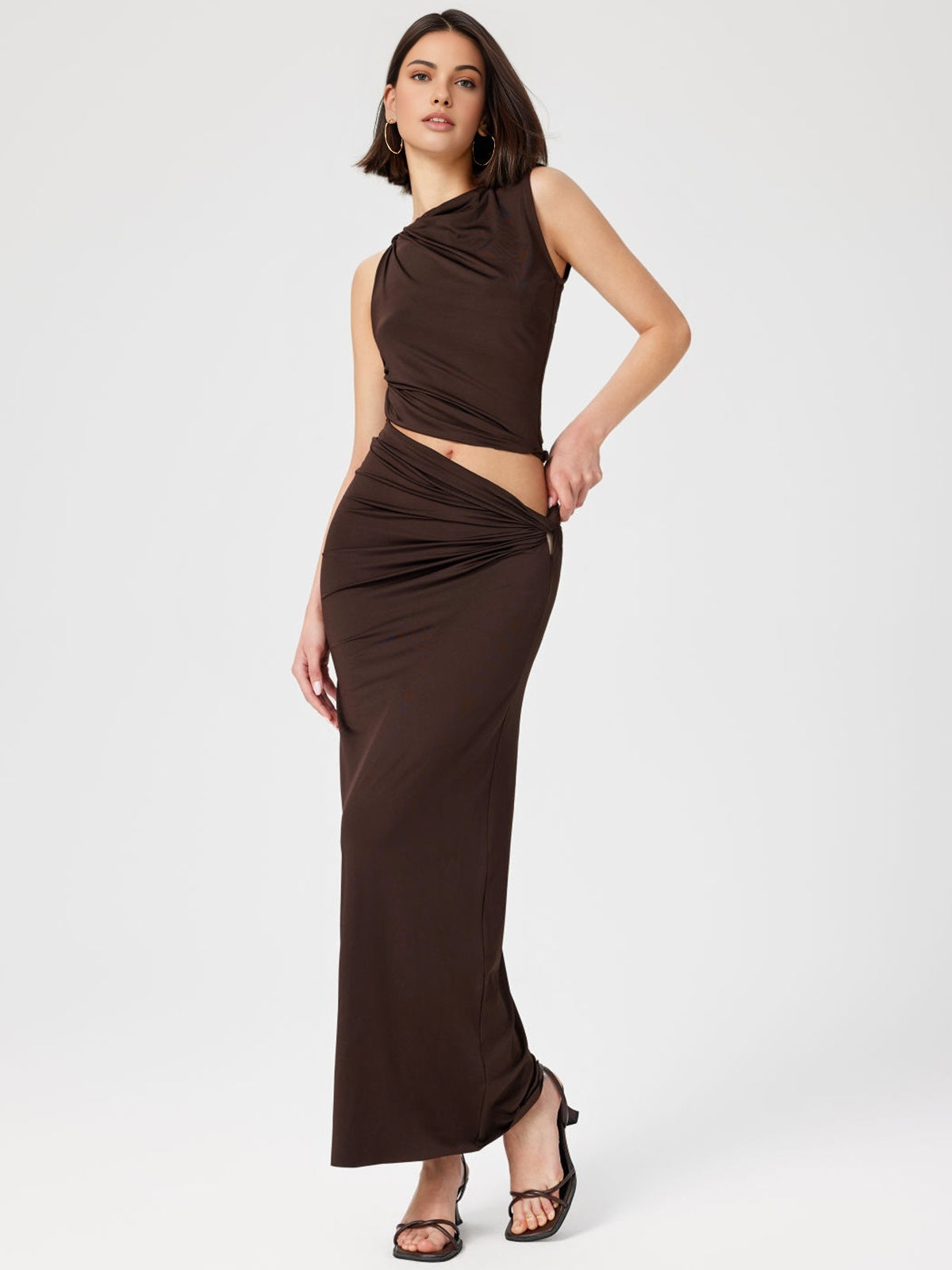 Plain Asymmetric Design Maxi Skirt Set