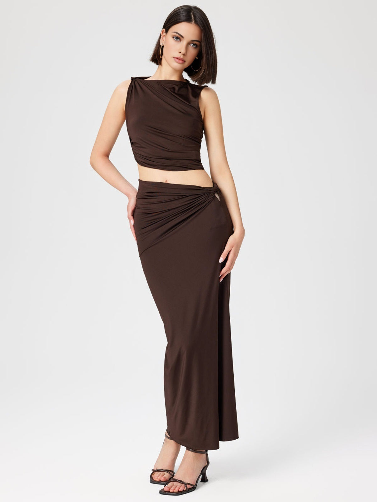 Plain Asymmetric Design Maxi Skirt Set