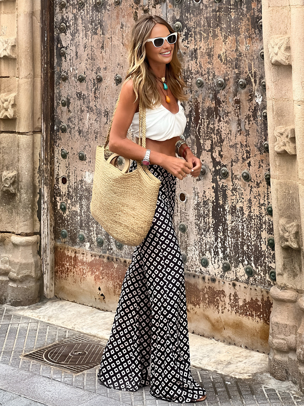 Geometrik Desenli Flare Pantolon Shine Aura