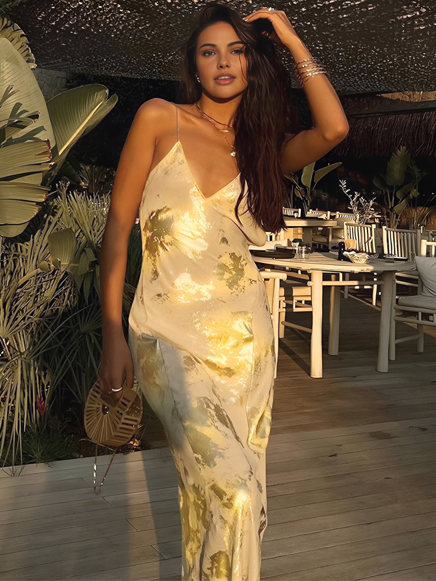 Metallic Patterned V Neck Backless Slip Long Dress