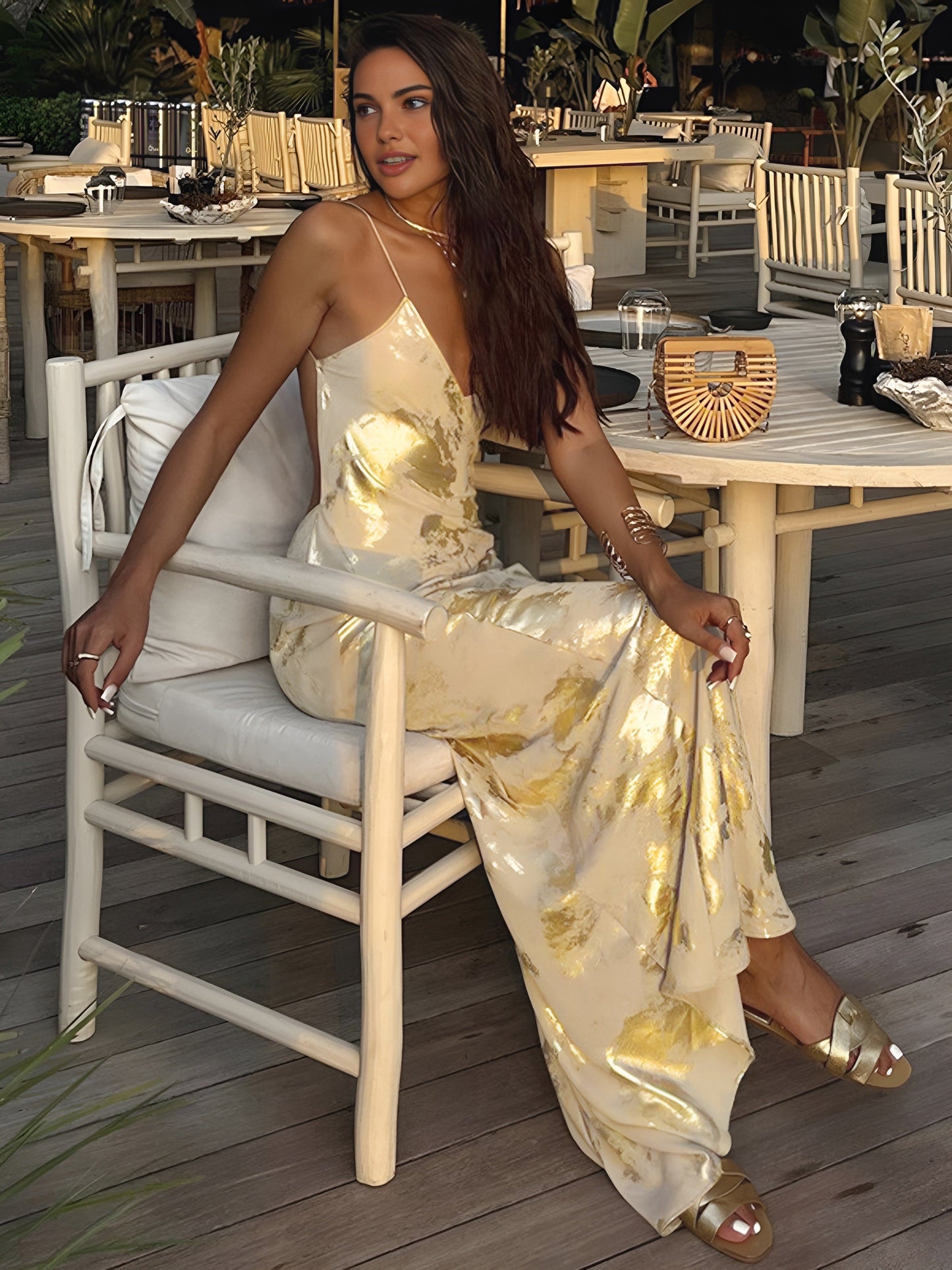 Metallic Patterned V Neck Backless Slip Long Dress