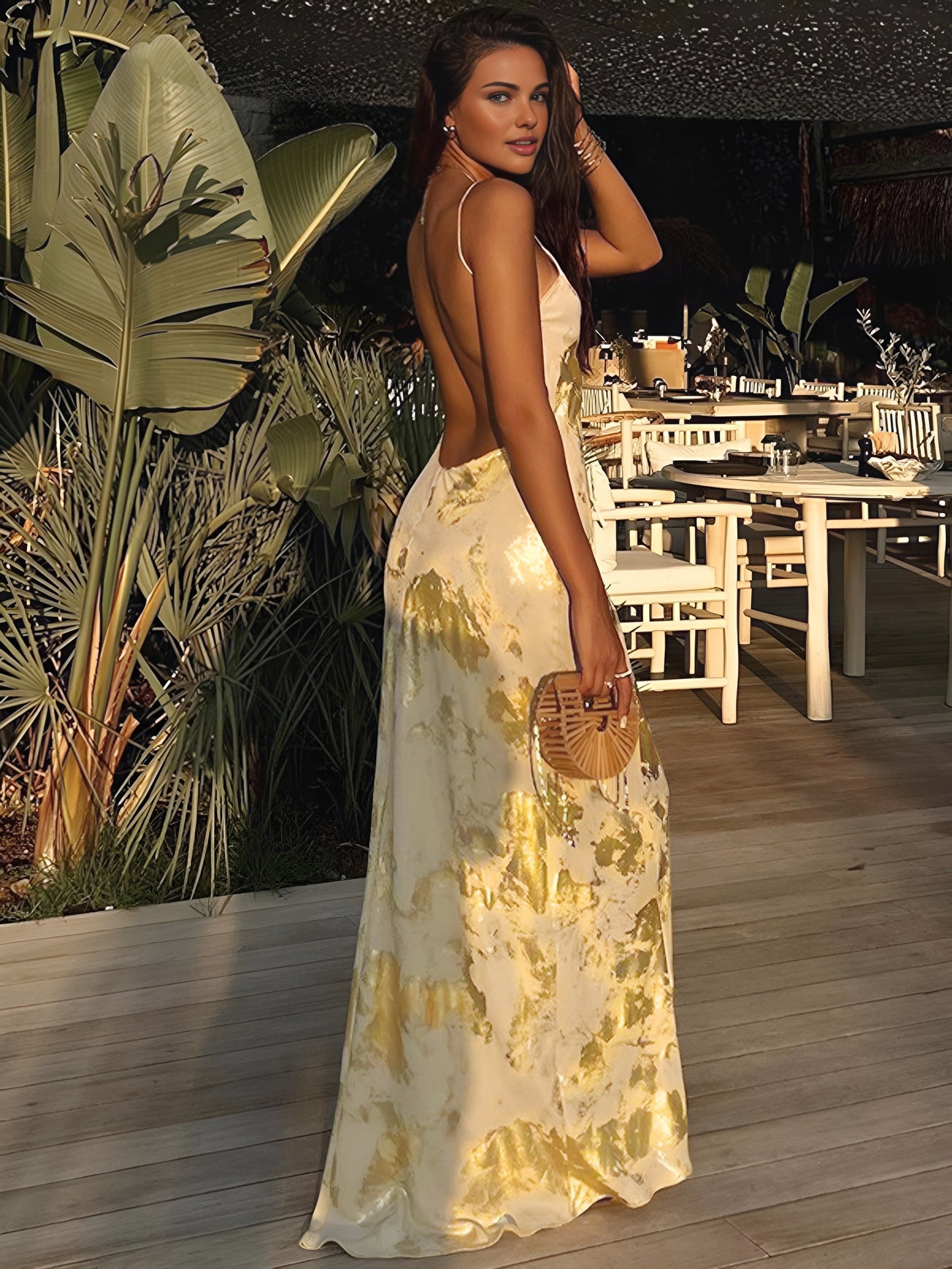 Metallic Patterned V Neck Backless Slip Long Dress