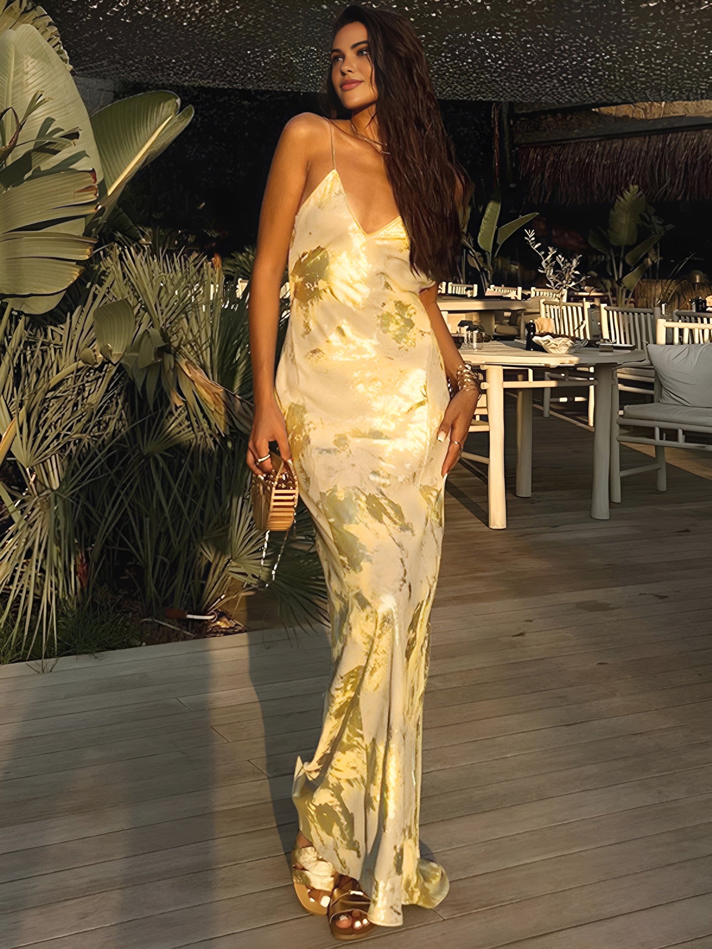 Metallic Patterned V Neck Backless Slip Long Dress