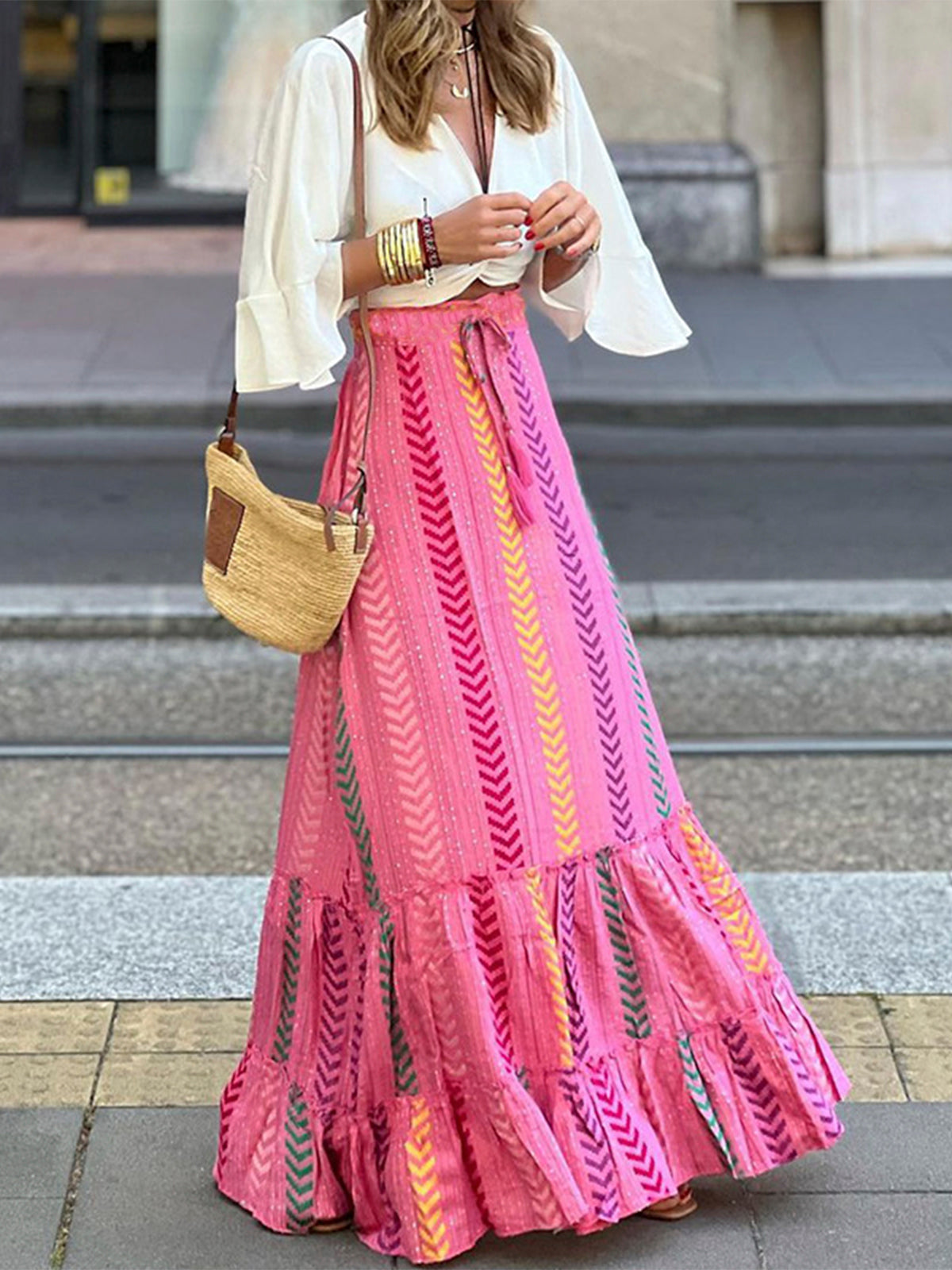 Boho Baskılı İpli Fırfırlı Etek Shine Aura