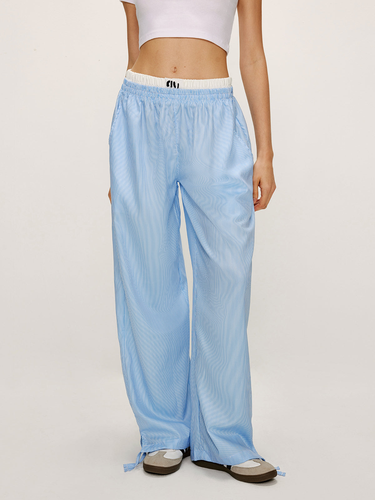 Patchwork Pinstripe Wide-Leg Pants Shine Aura