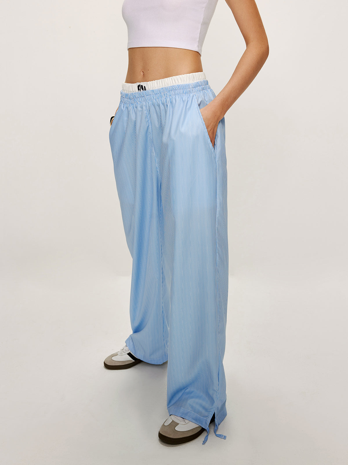 Patchwork Pinstripe Wide-Leg Pants Shine Aura