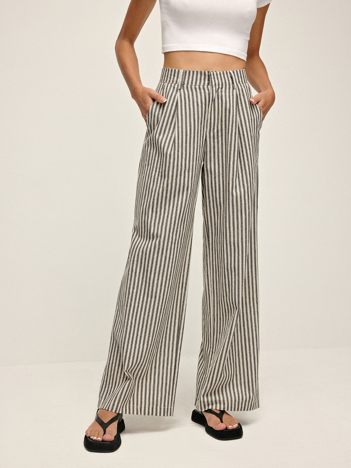 Pinstripe High-Waist Long Pants Shine Aura