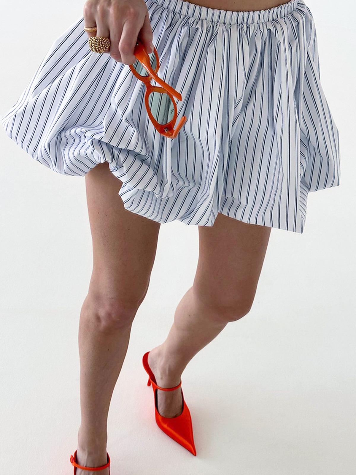 Pinstripe Elastic Waist Bubble Skirt Shine Aura