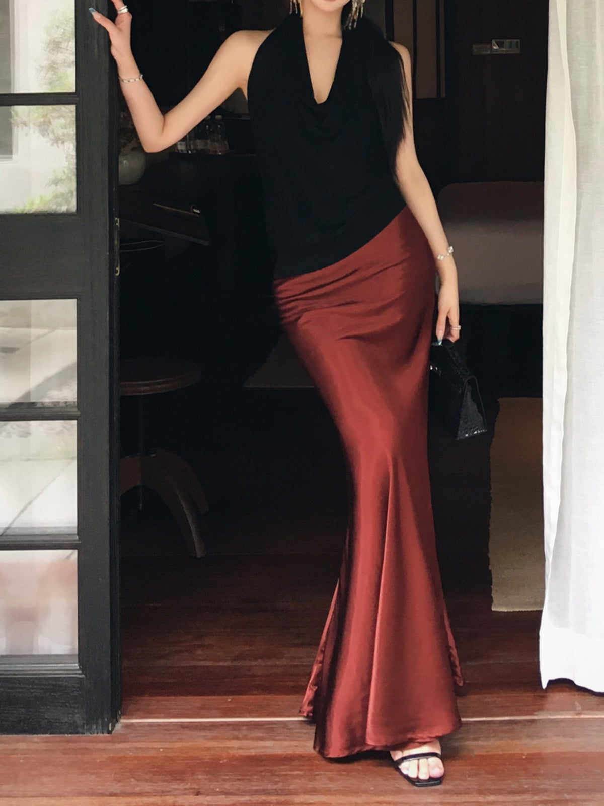 Krep Saten Maxi Etek Shine Aura