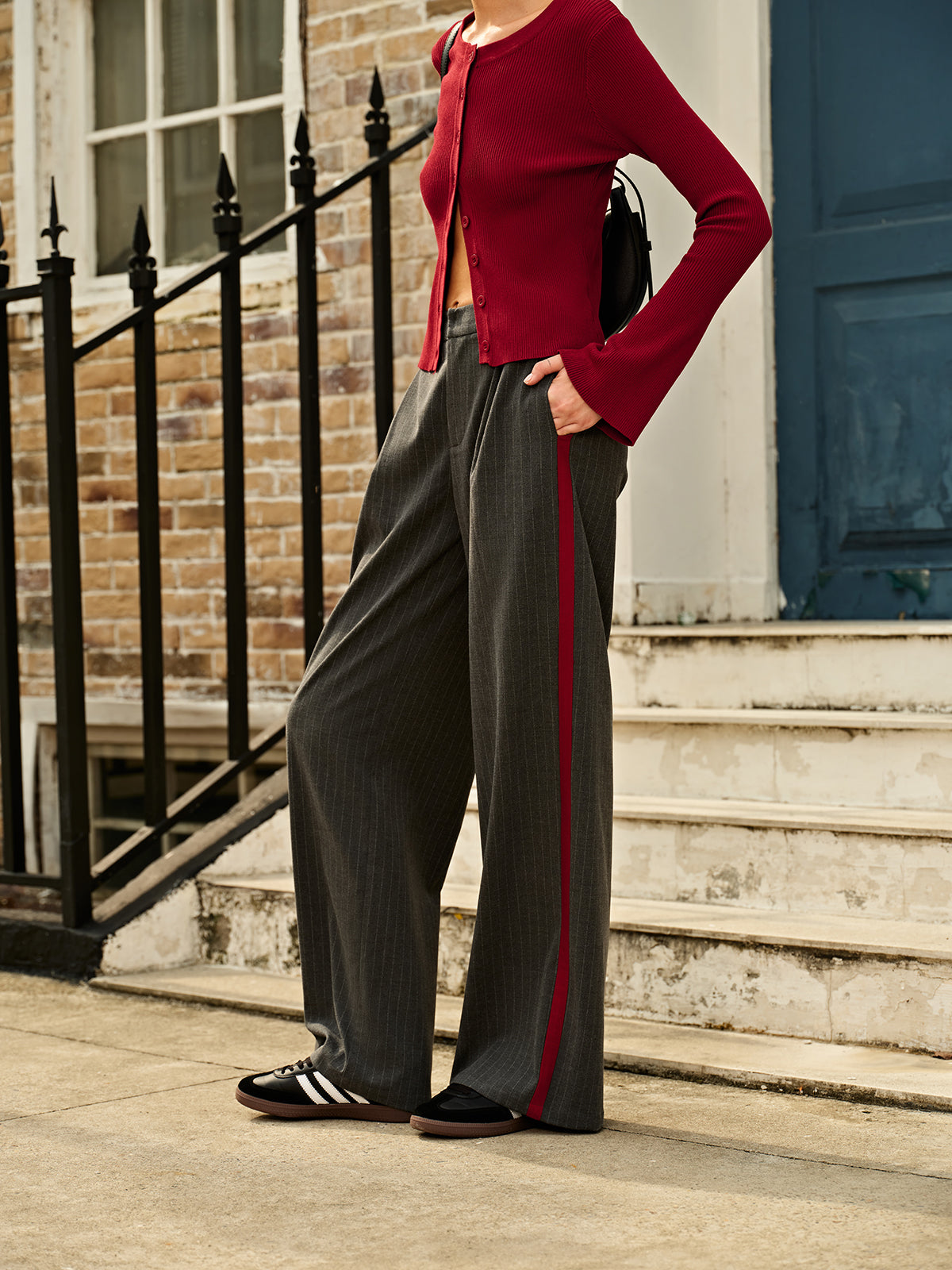 Contrasting Piping Striped Trousers