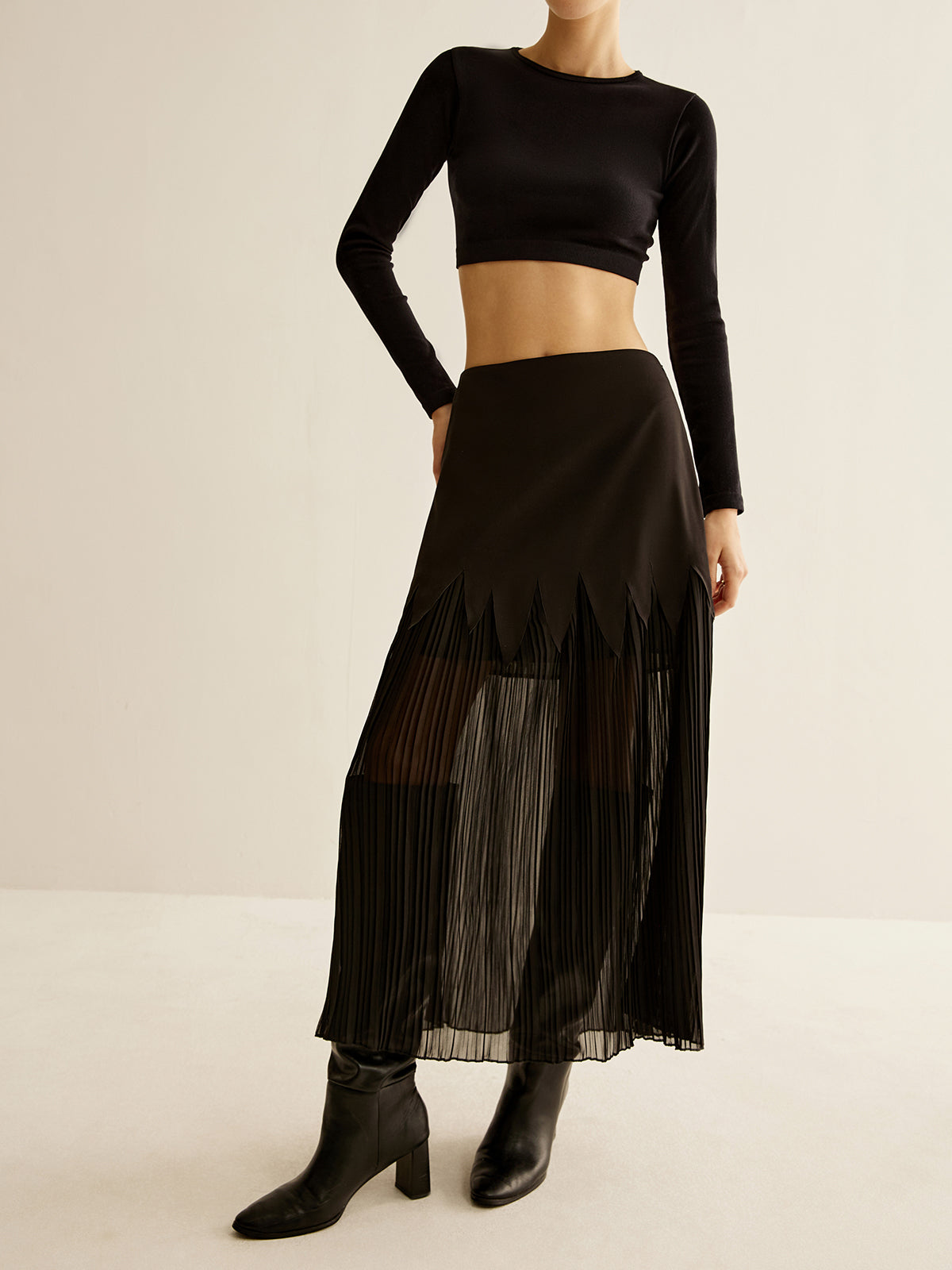 Panel Sheer Zipper Midi Skirt Shine Aura