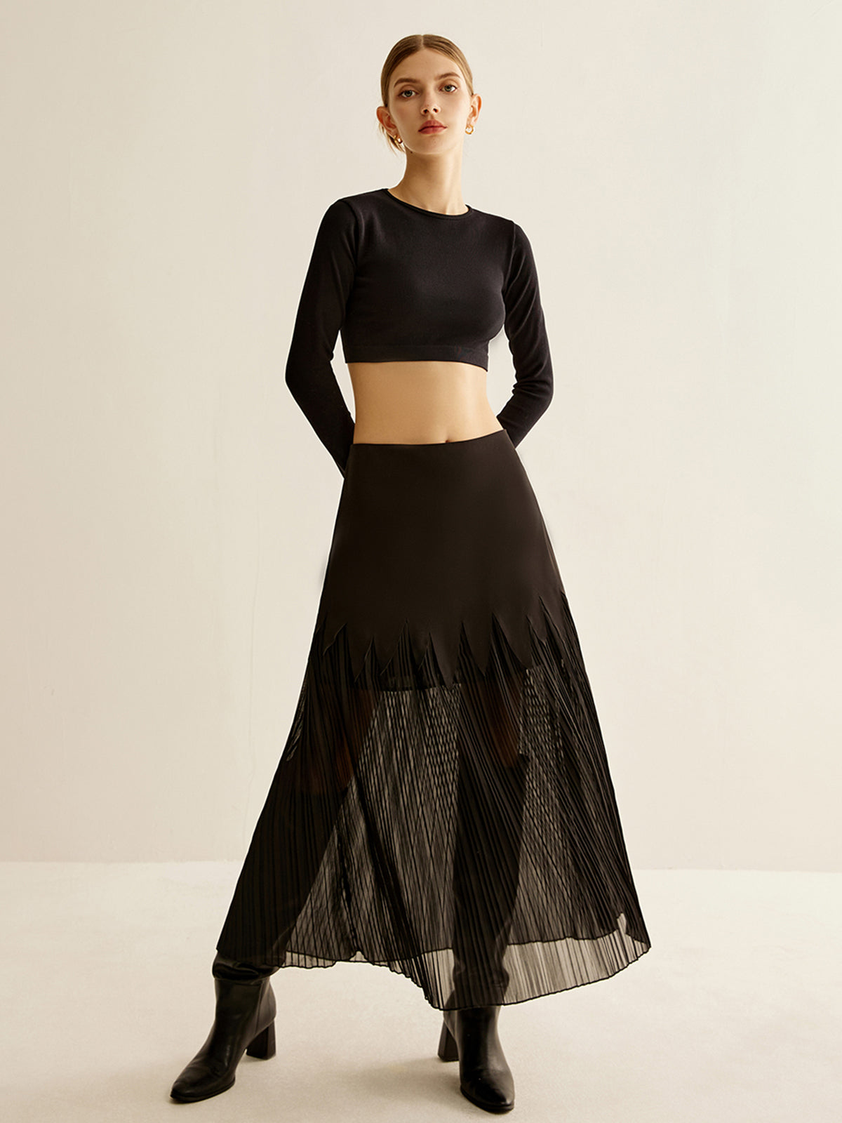 Panel Sheer Zipper Midi Skirt Shine Aura