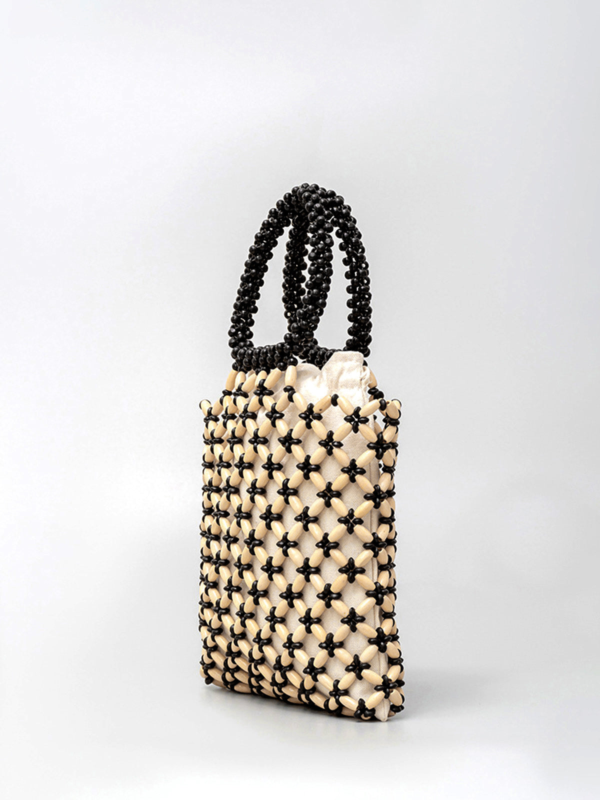 Woven Handbag with Contrasting Wooden Beads