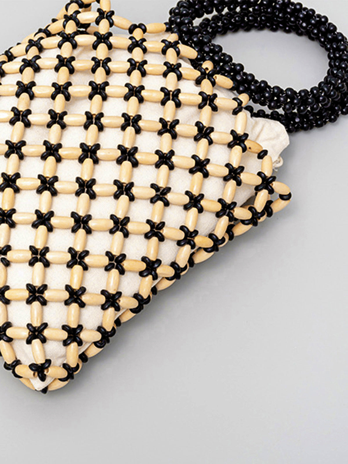 Woven Handbag with Contrasting Wooden Beads