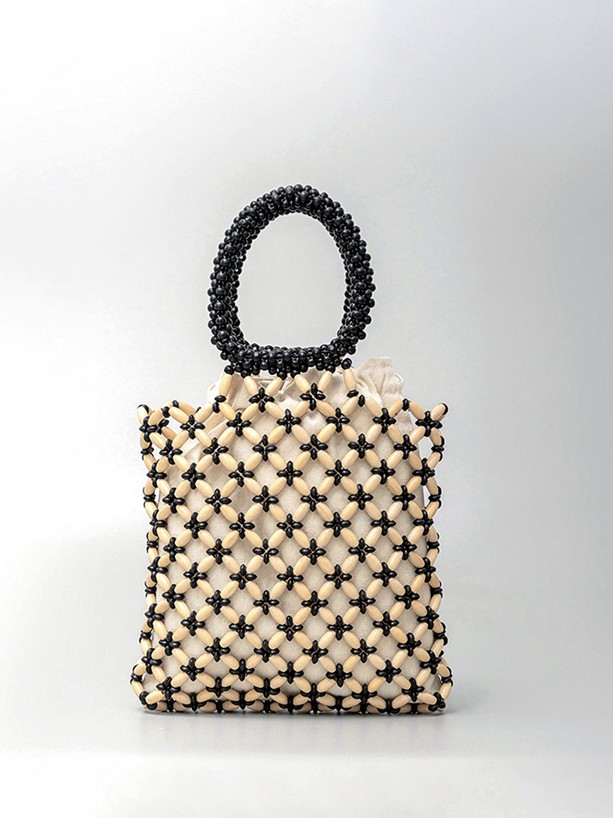 Woven Handbag with Contrasting Wooden Beads
