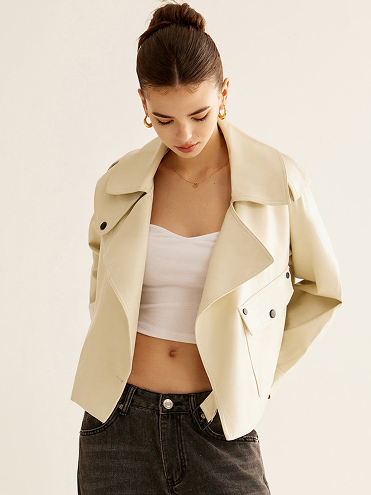 Flap-Pocket Faux Leather Jacket Shine Aura