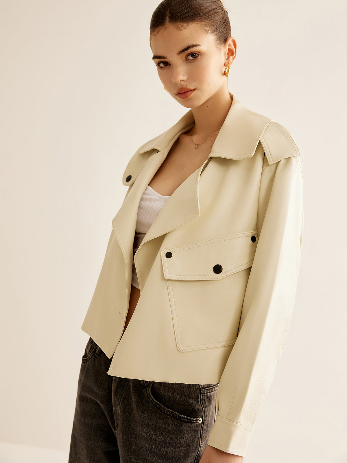 Flap-Pocket Faux Leather Jacket Shine Aura