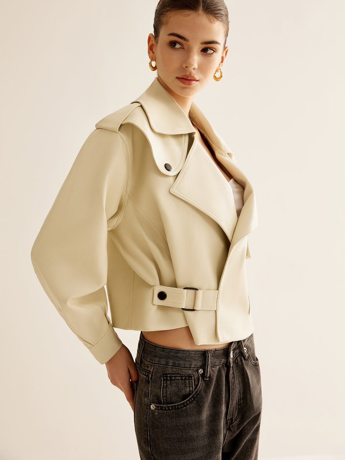 Flap-Pocket Faux Leather Jacket Shine Aura