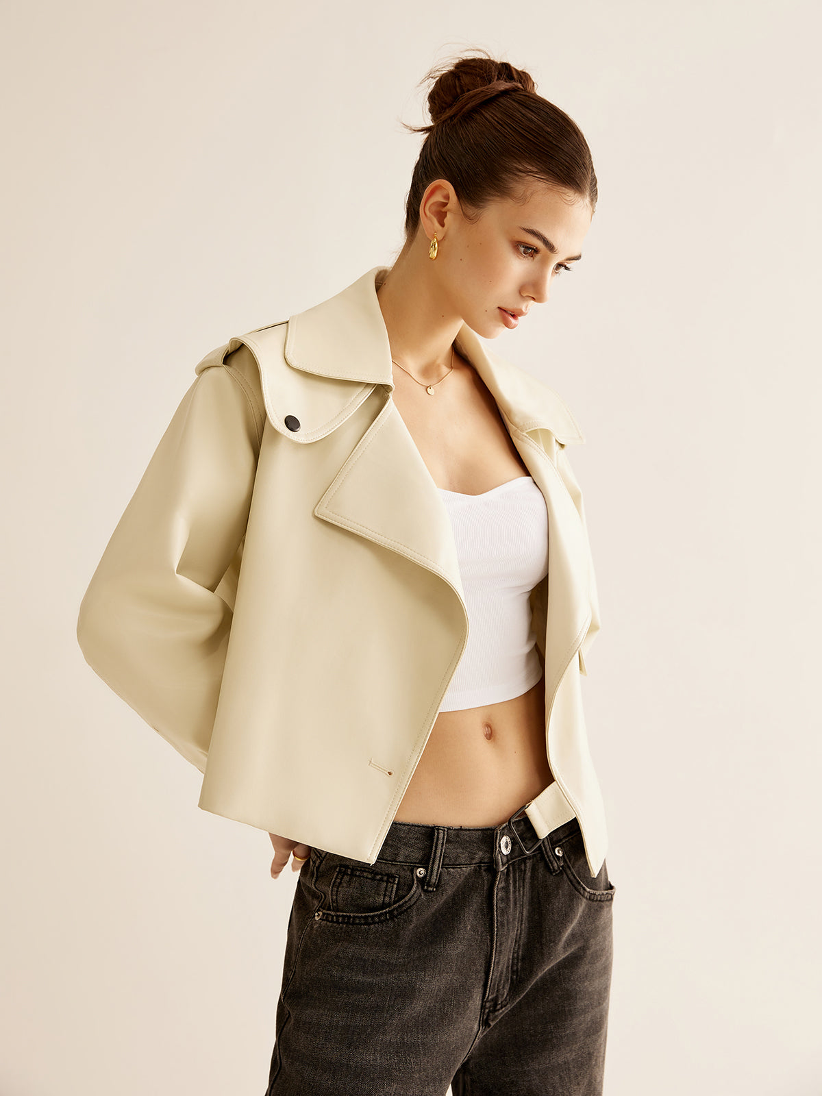 Flap-Pocket Faux Leather Jacket Shine Aura