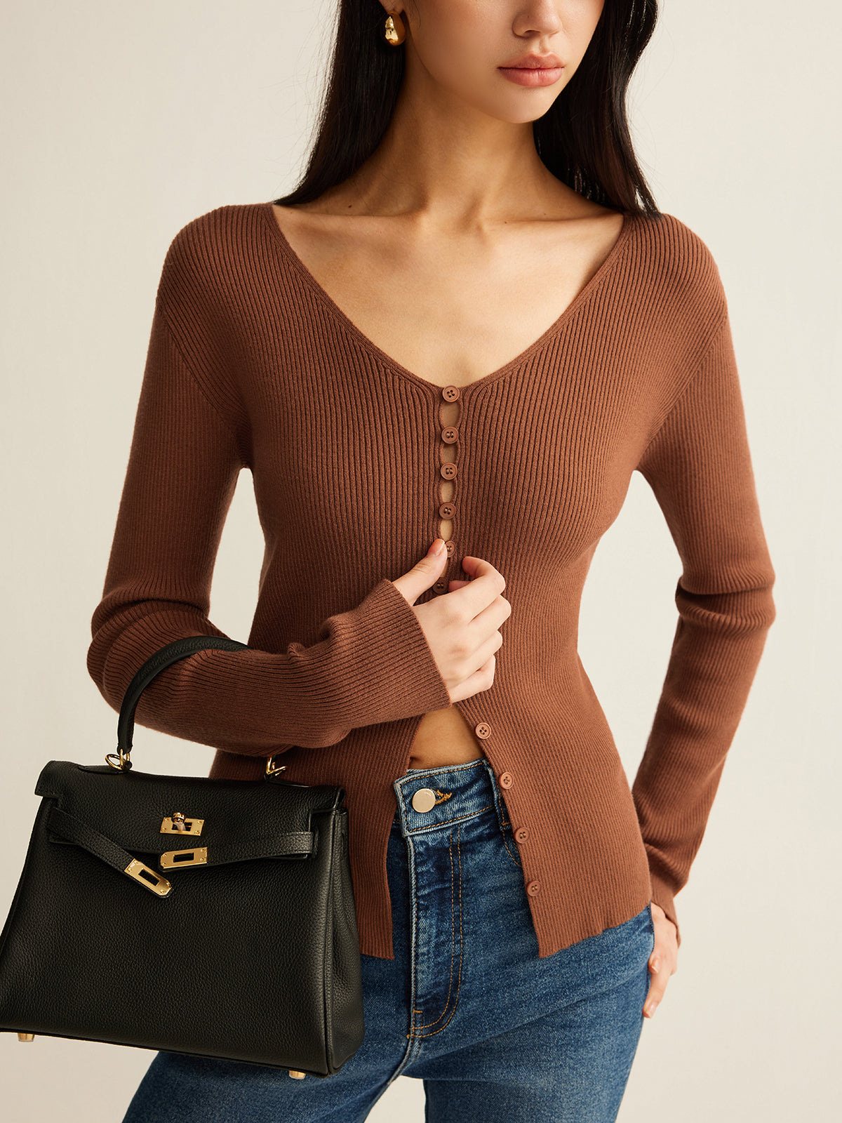 V-Neck Breasted Knit Top Shine Aura