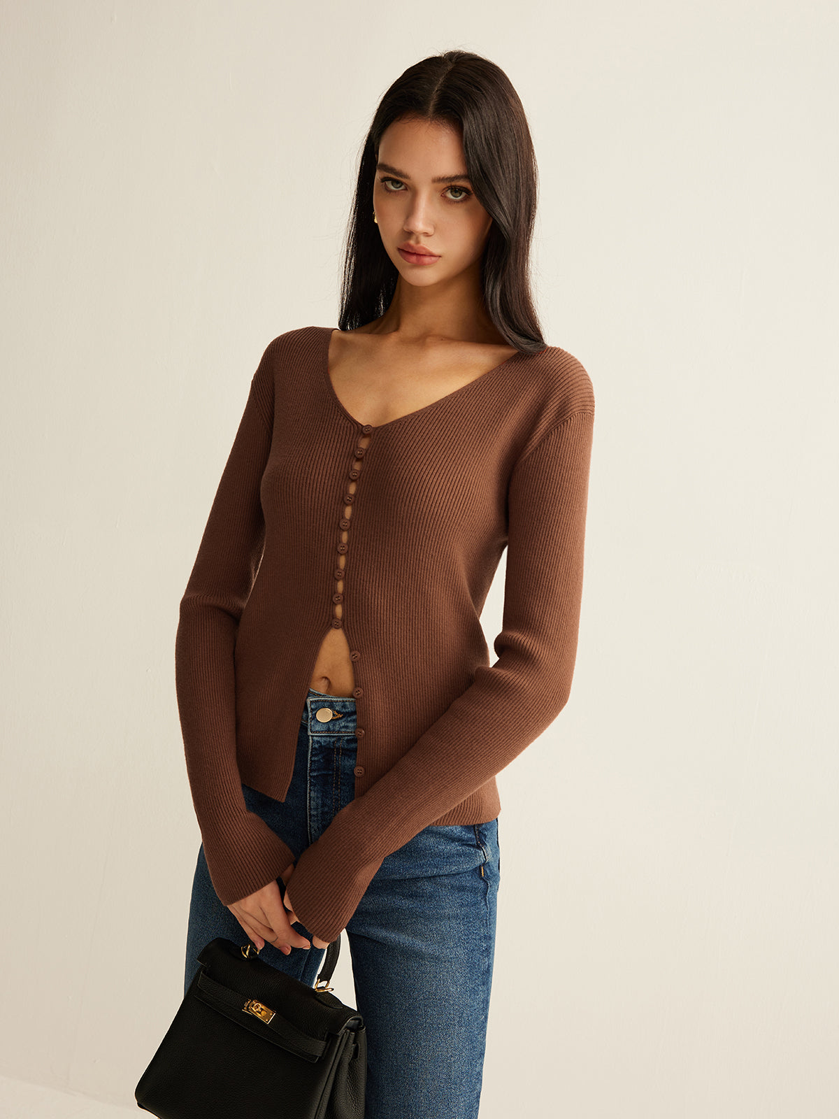 V-Neck Breasted Knit Top Shine Aura