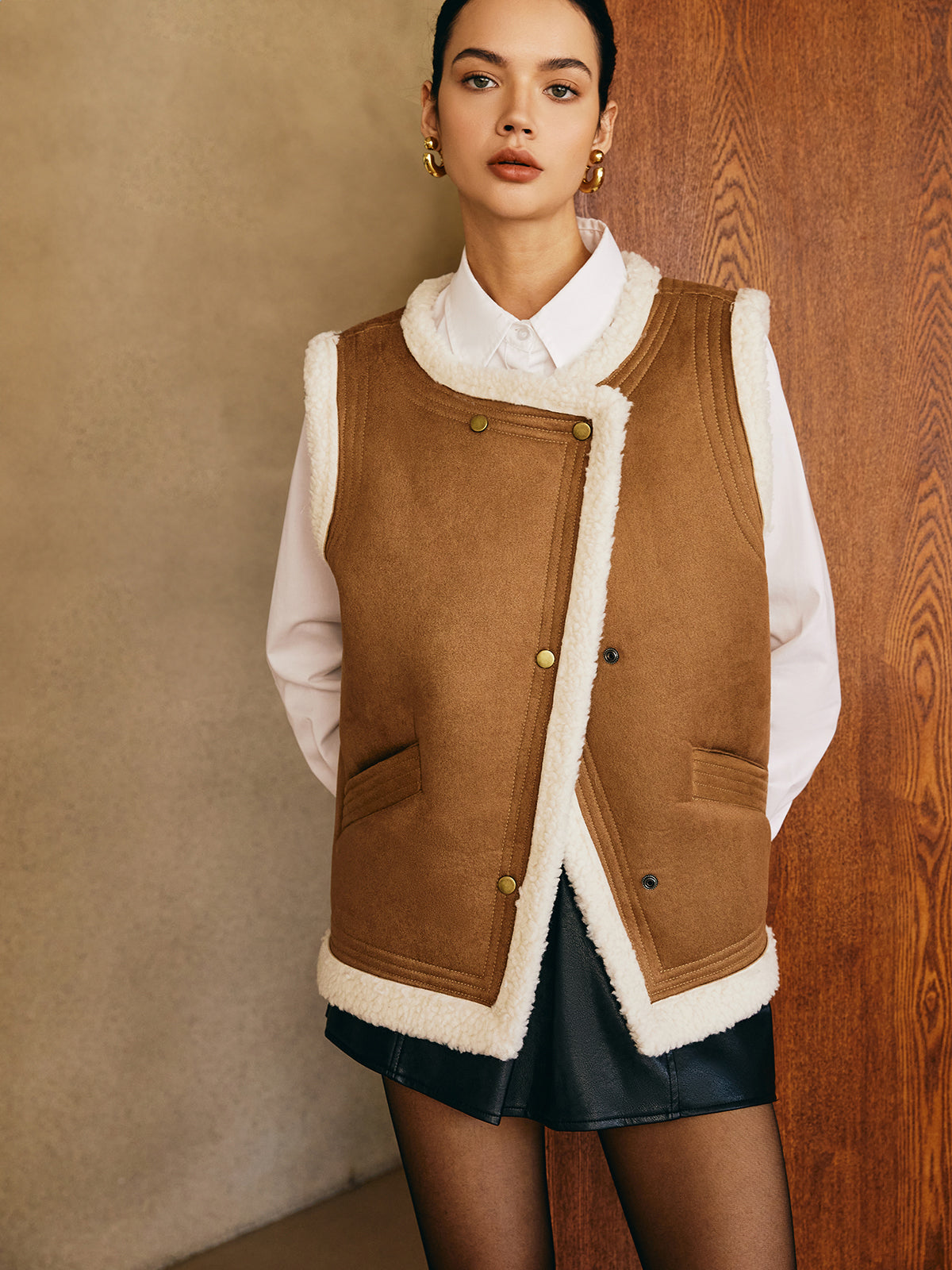 Minky Warm Faux Leather Vest Shine Aura