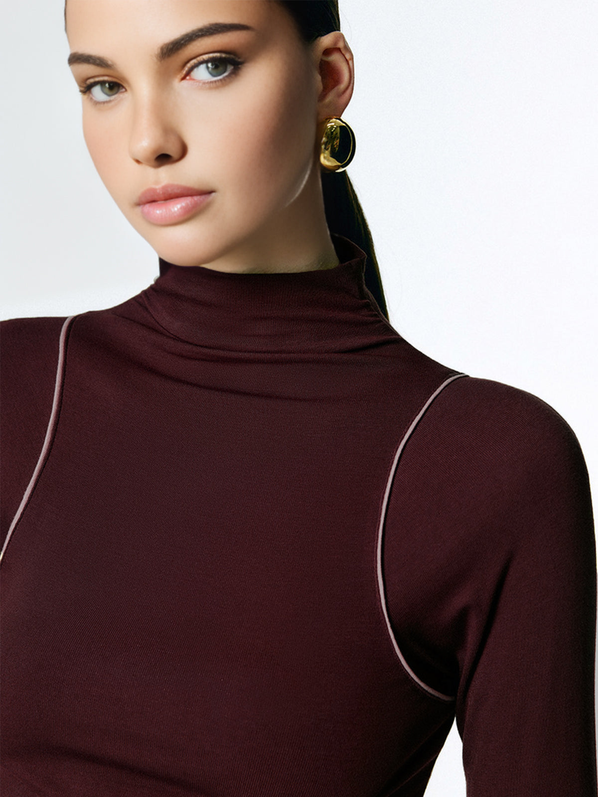 Mock Neck Contrast Binding Jersey Top Shine Aura