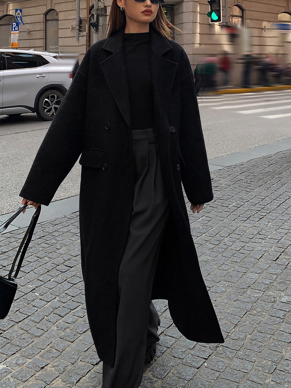 Wool-Blend Tweed Long Coat Shine Aura