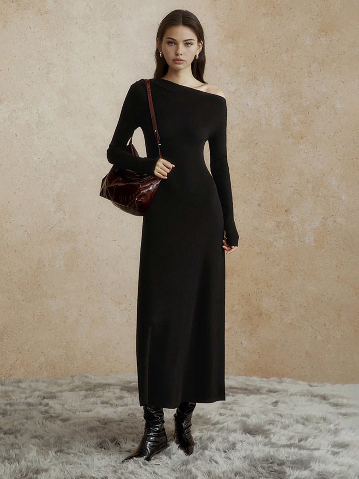 Asymmetrical Neck Slim Long Dress Shine Aura