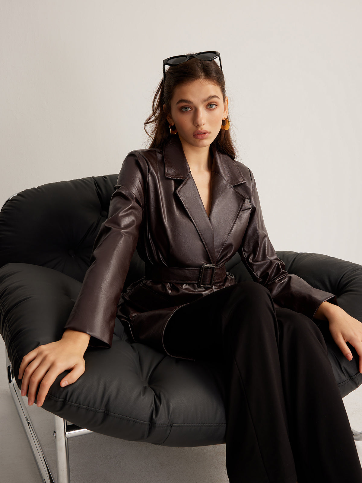 Utility PU Leather Belted Jacket Shine Aura