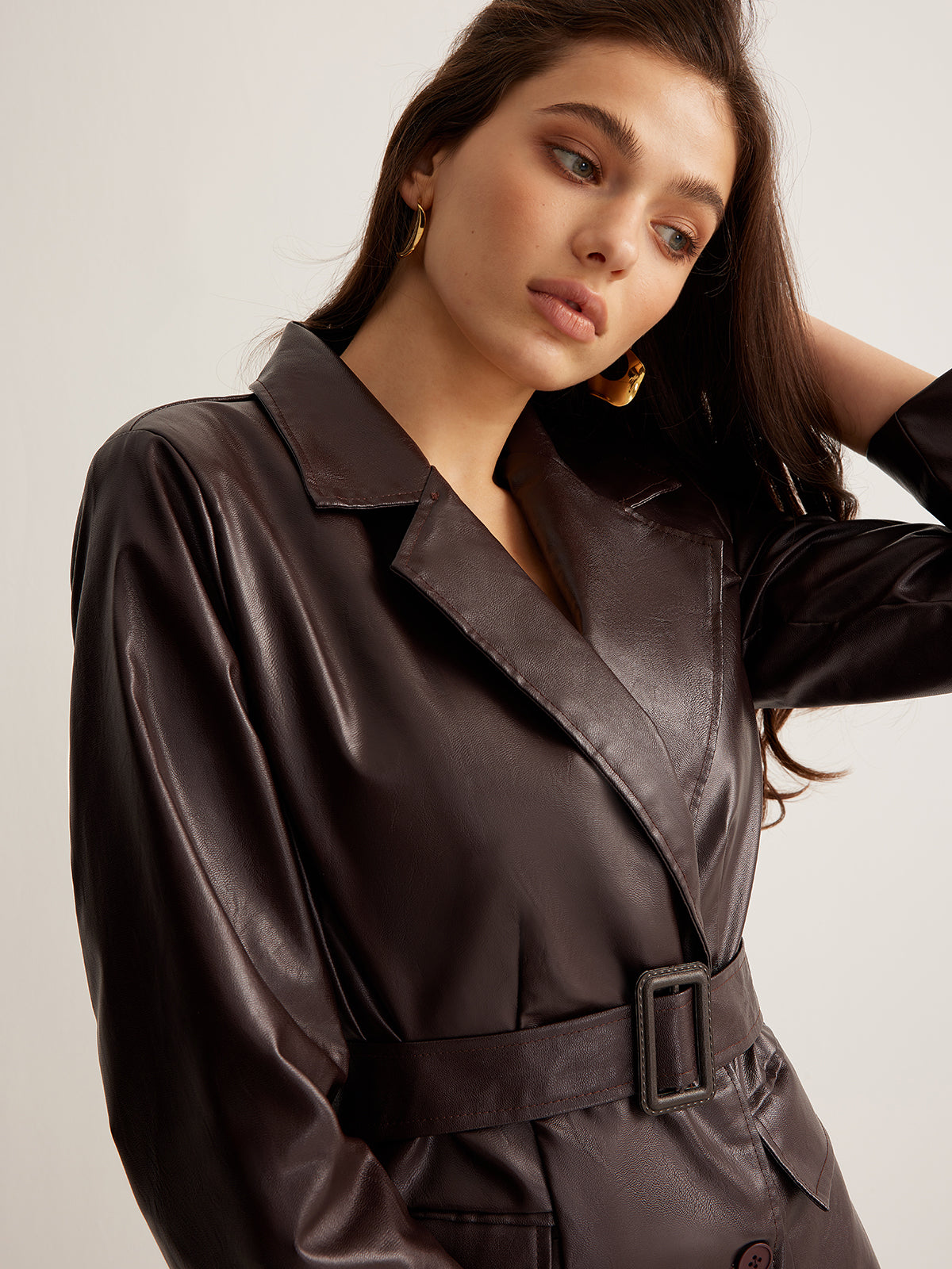 Utility PU Leather Belted Jacket Shine Aura
