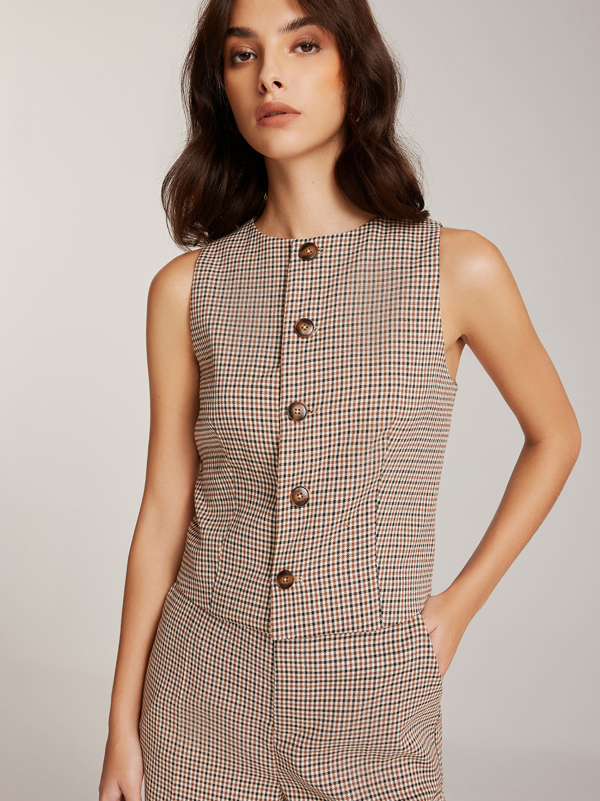 Elegant Plaid Button Vest Shine Aura