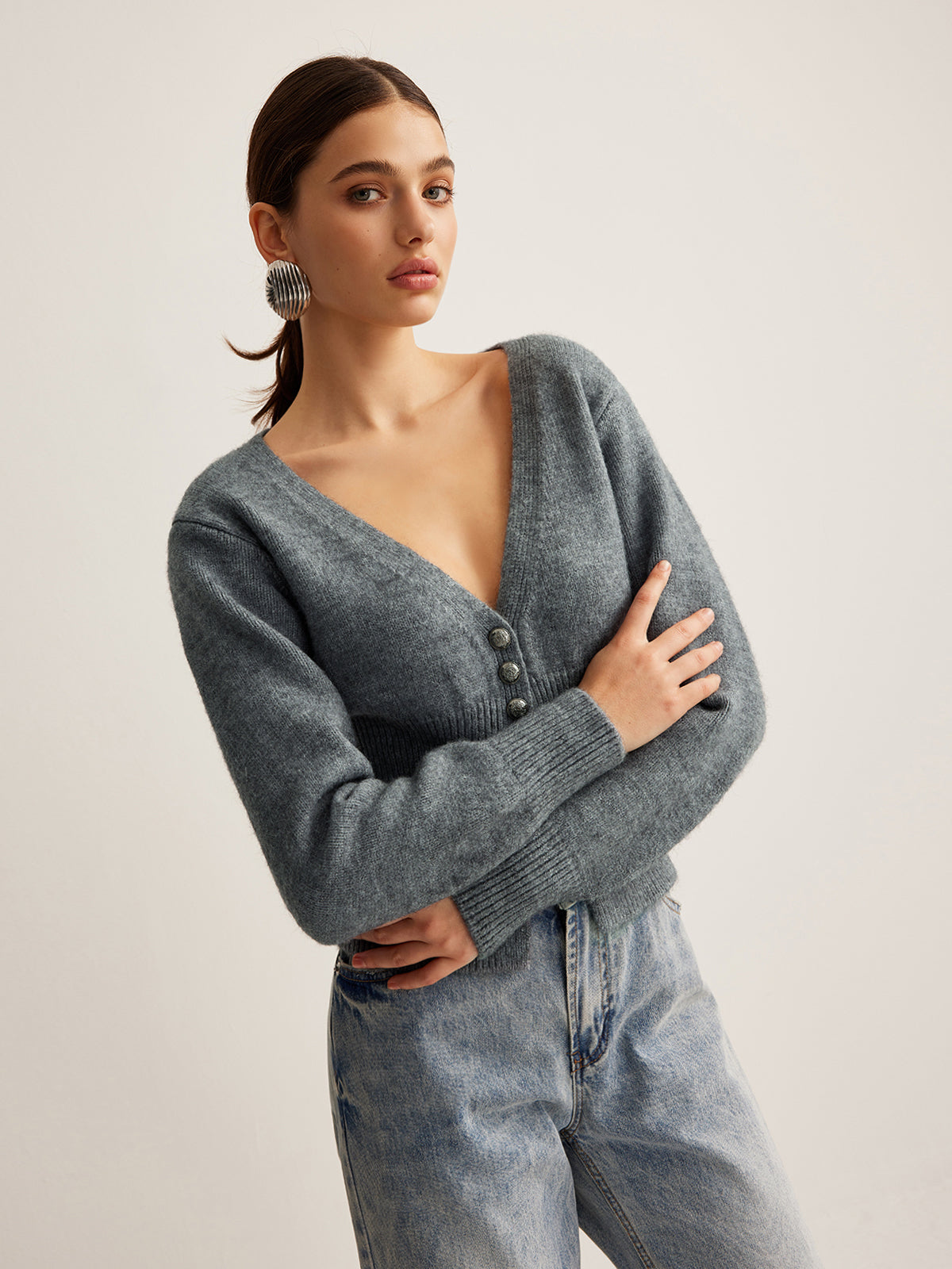 V-Neck Ribbed Split Slim Cardigan Shine Aura