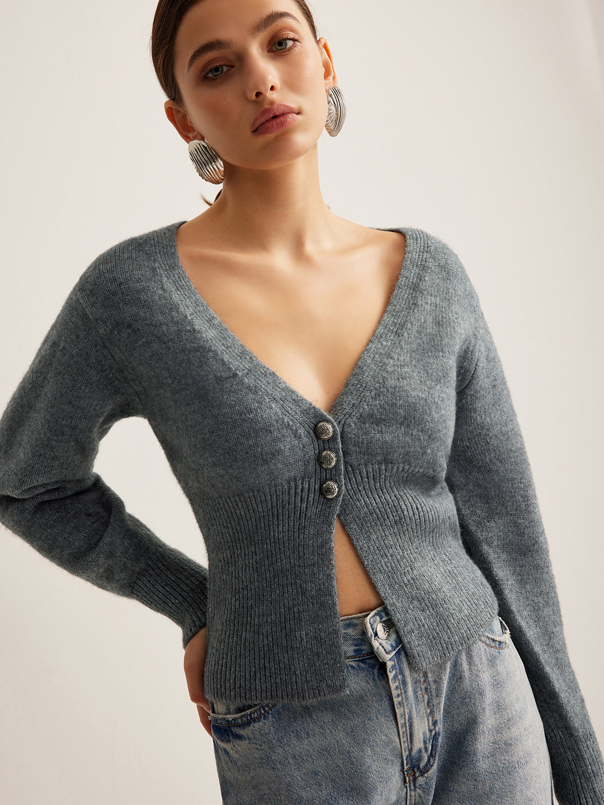 V-Neck Ribbed Split Slim Cardigan Shine Aura