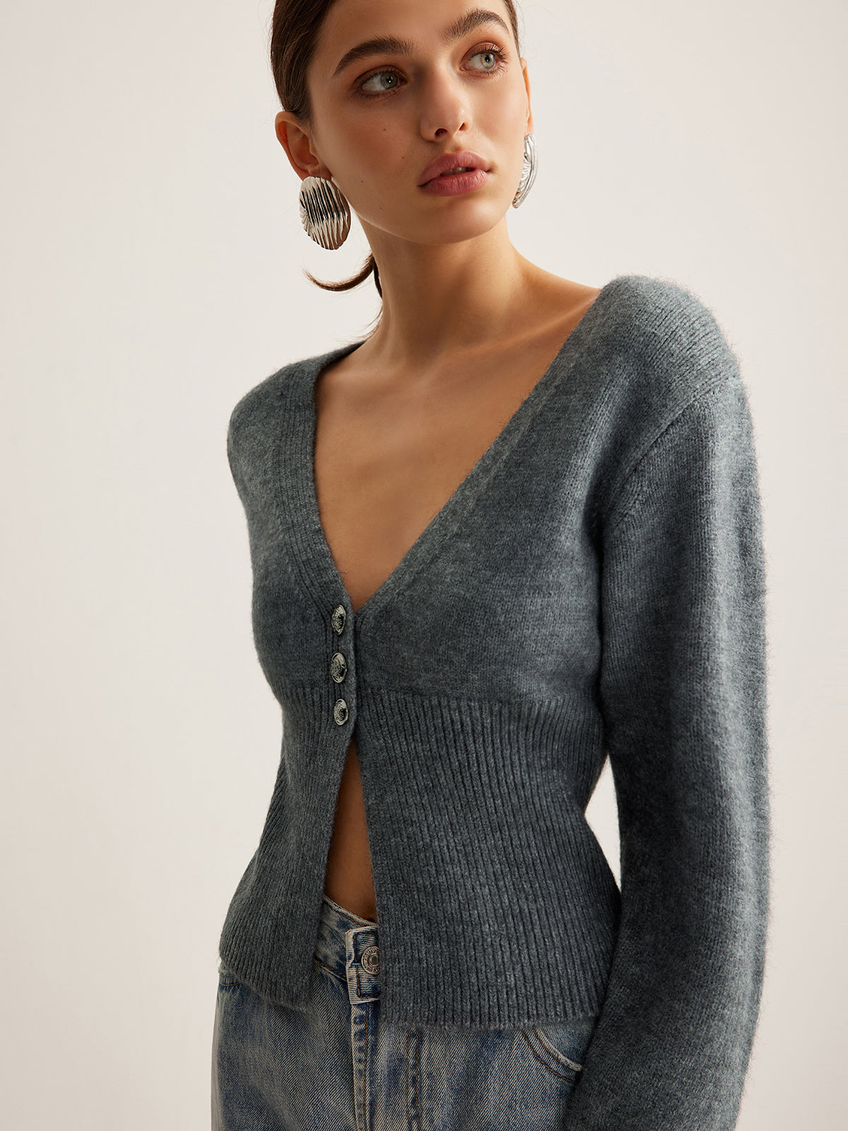 V-Neck Ribbed Split Slim Cardigan Shine Aura