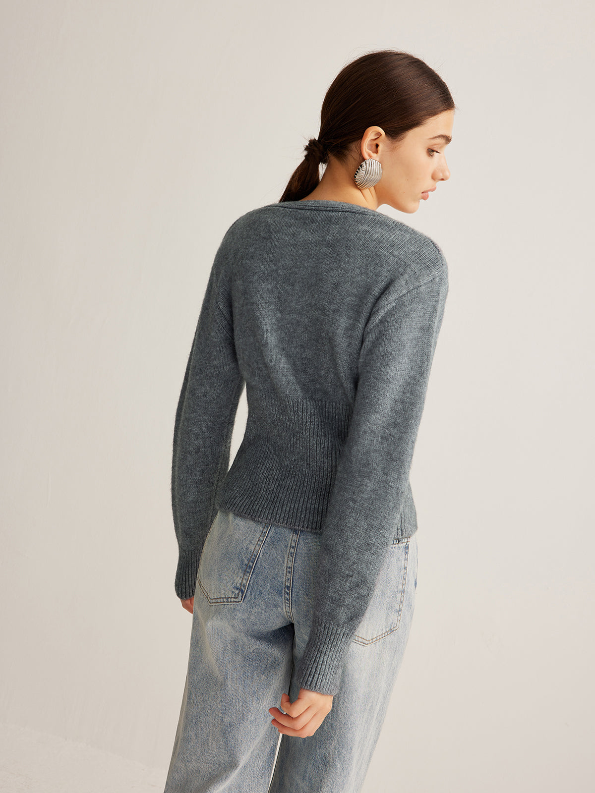 V-Neck Ribbed Split Slim Cardigan Shine Aura