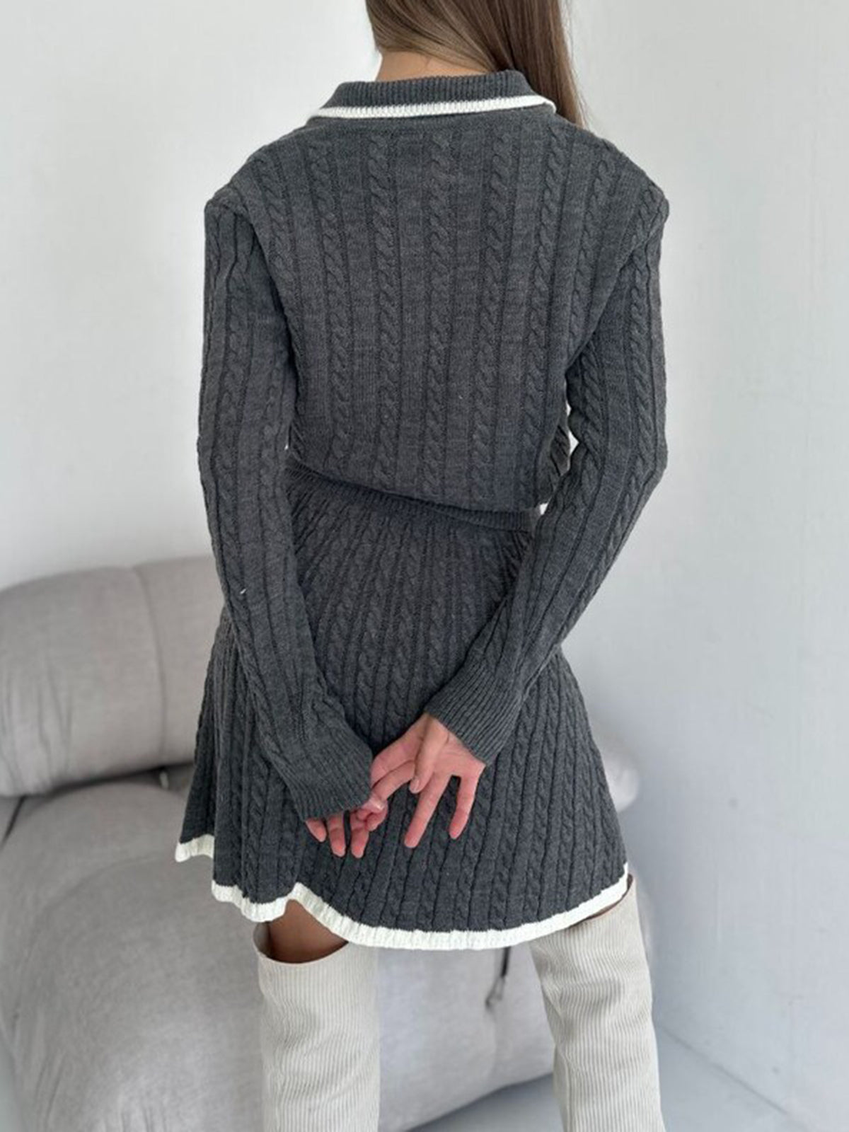 Kontrast Şeritli İp Dokuma Yaka Etek Takımı Shine Aura