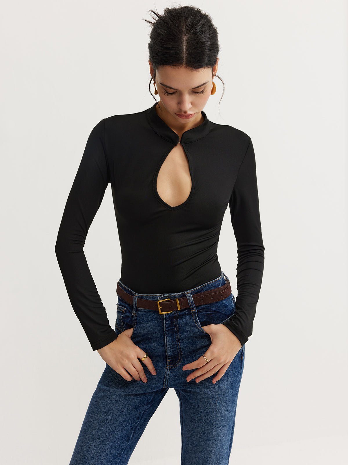 Anahtar Delik Yaka İnce Bodysuit Shine Aura
